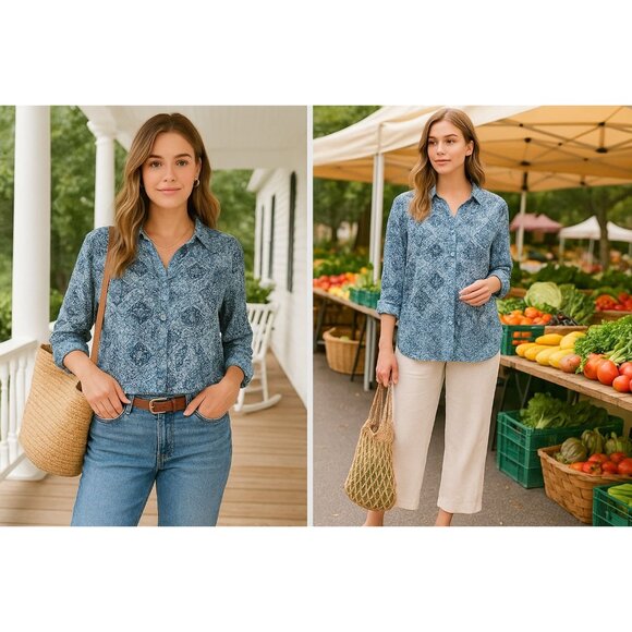 J. Jill Women’s Blue Print Top L Button Down Boho Chic Coastal Cowgirl Light - Picture 1 of 13